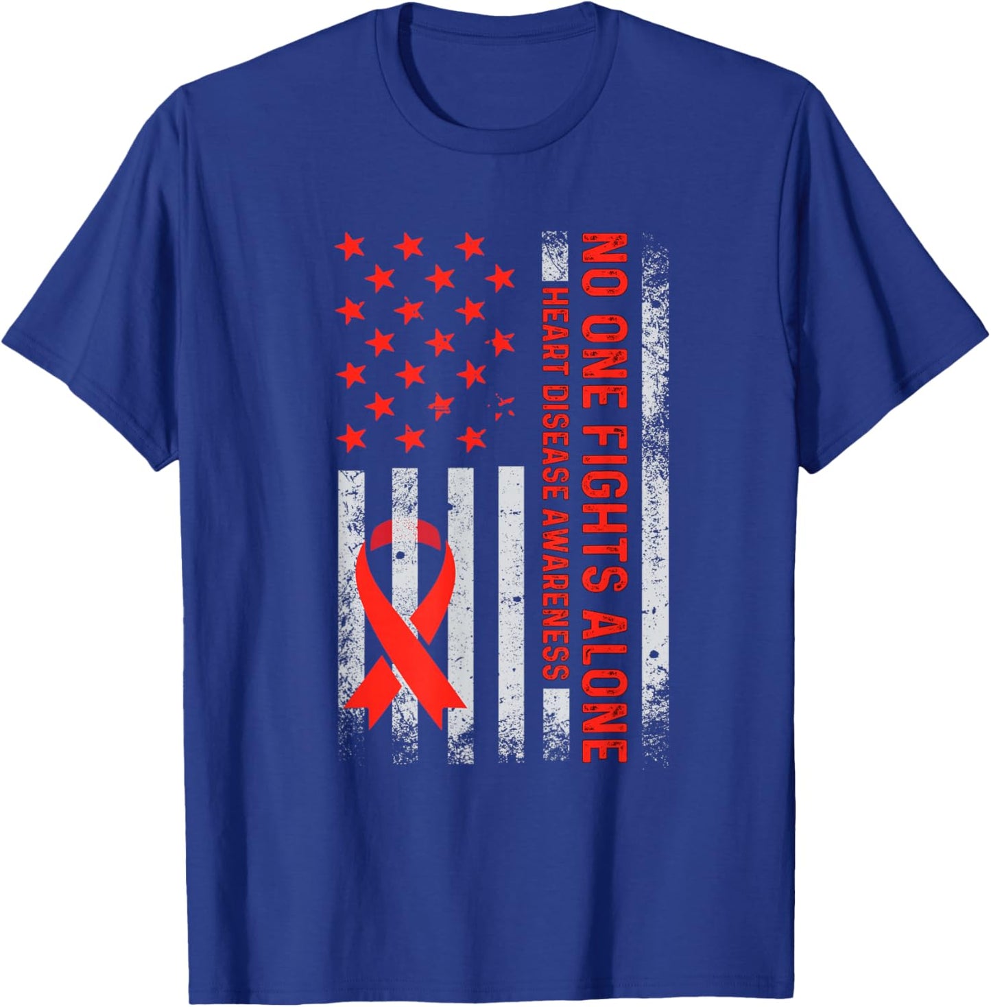 USA American Flag No Fighting Alone Heart Disease Awareness T-Shirt - T-Shirt | Royal