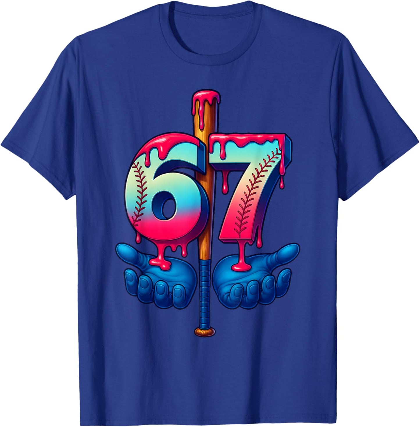 Baseball Bat Hands Drip 67 Six Seven Gen Alpha Slang Meme T-Shirt - T-Shirt | Royal