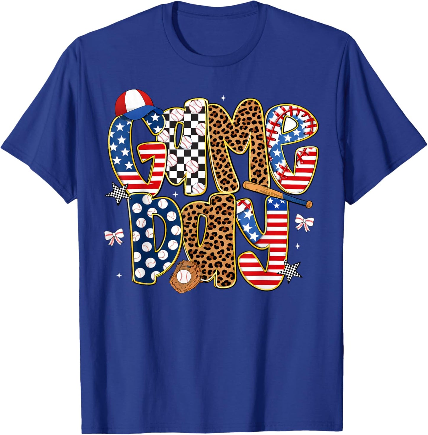 Checkered Leopard Game Day Baseball Men Women Kids T-Shirt - T-Shirt | Royal