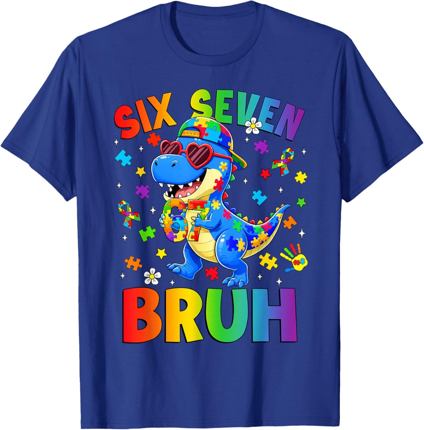 Six Seven Bruh 67 Autism Awareness Dinosaur T-rex Boys Kids T-Shirt - T-Shirt | Royal