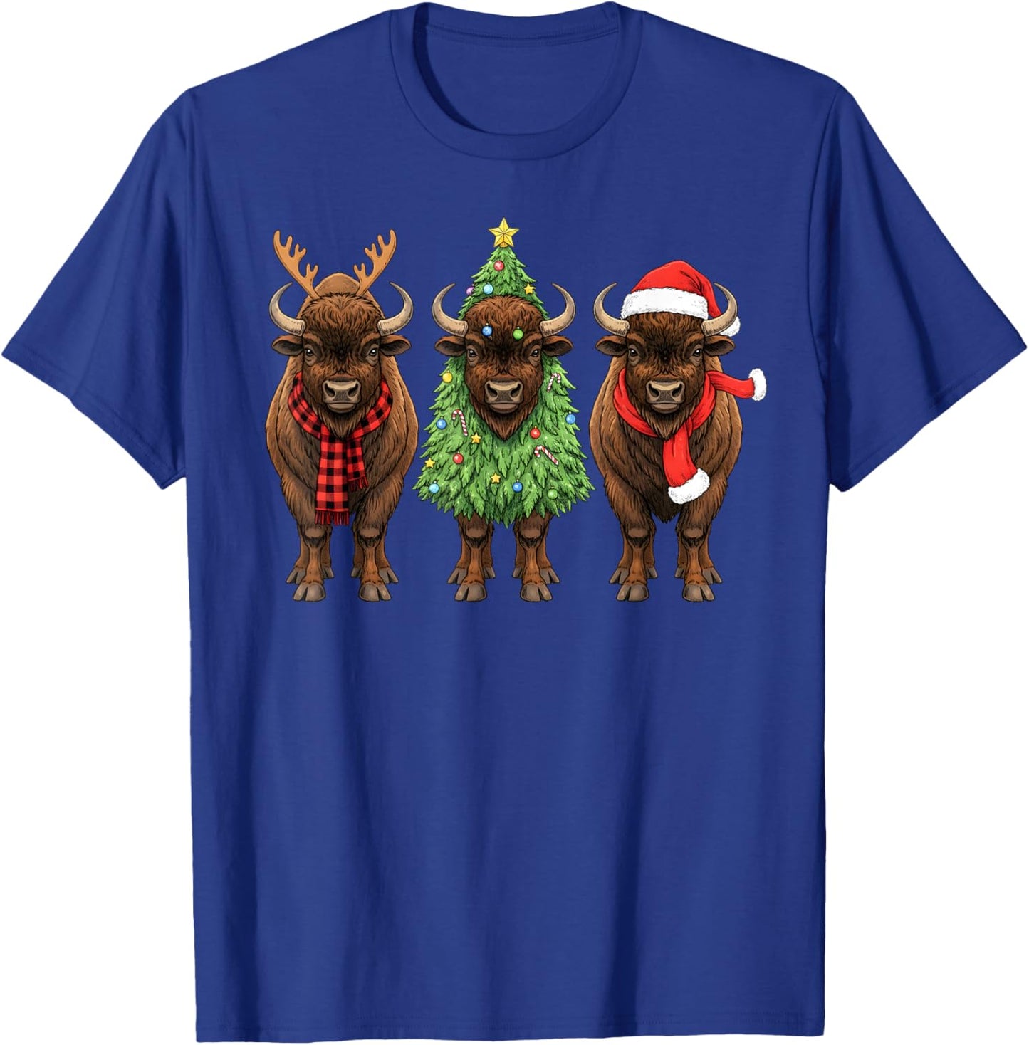 Retro Christmas American Bison Buffalo Santa Reindeer T-Shirt - T-Shirt | Royal
