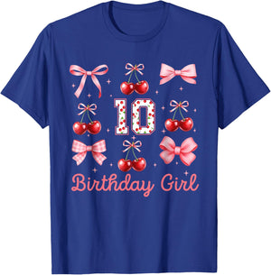 10th Birthday Girl Cherry Coquette Bow 10 Year Old Girls T-Shirt - T-Shirt | Royal