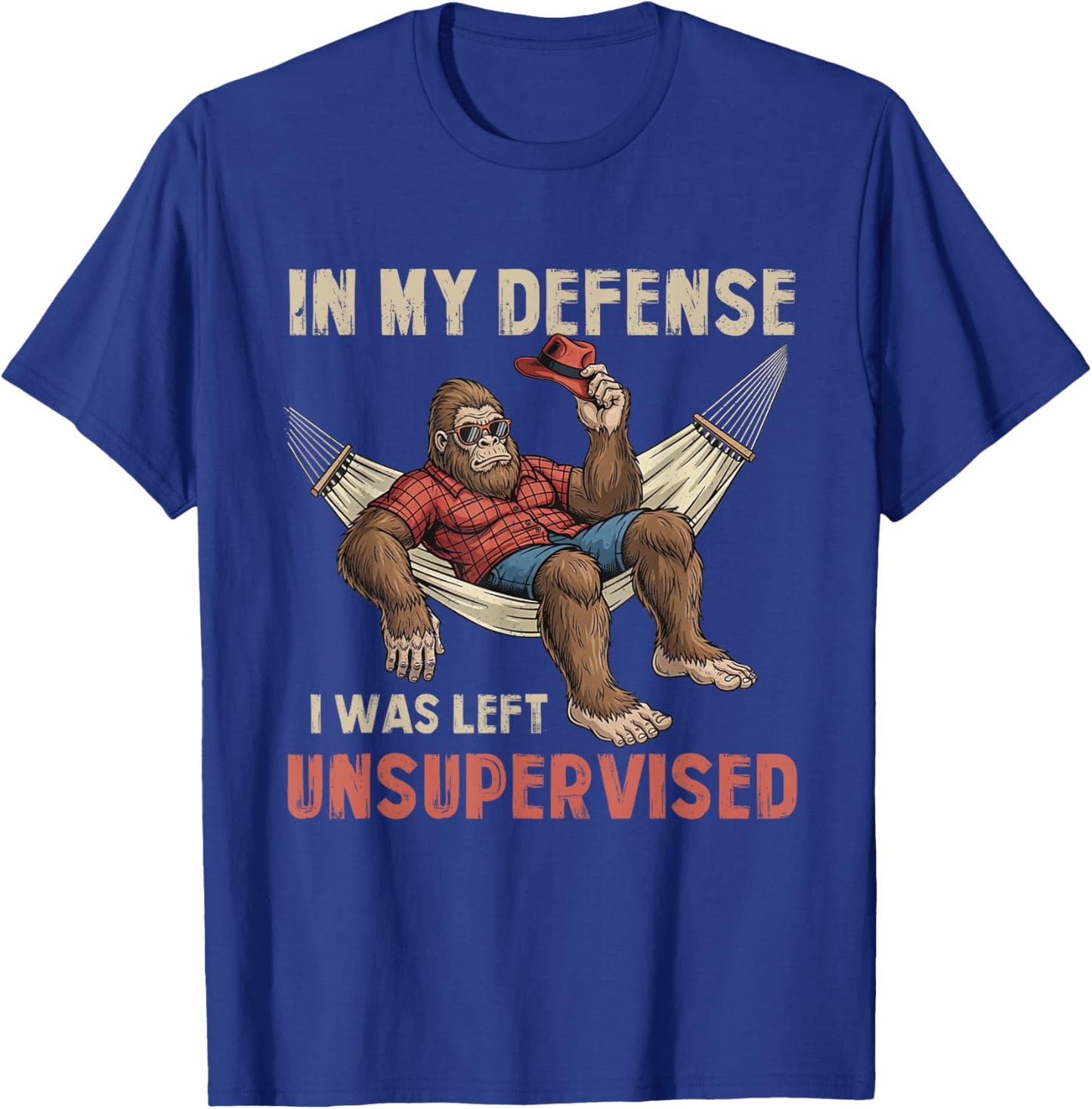 in My Defend I was Left Unsupervised Bigfoot Sasquatch Humor T-Shirt - T-Shirt | Royal