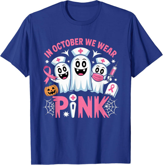 in October We Wear Pink Nurse Ghost Halloween 2025 T-Shirt - T-Shirt | Royal