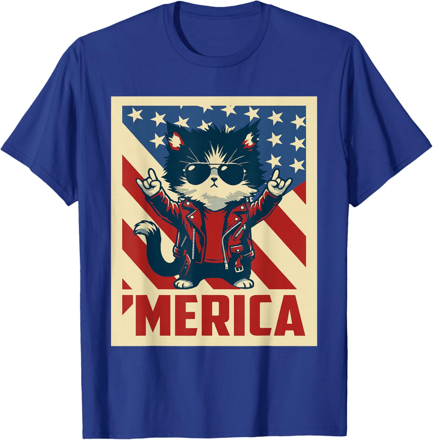 USA Flag Cat 4th of July Men Women Kids Funny Patriotic T-Shirt - T-Shirt | Royal