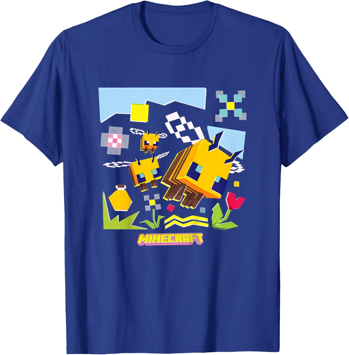 Minecraft Logo Flowers and Bees Flying in The Sky T-Shirt - T-Shirt | Royal