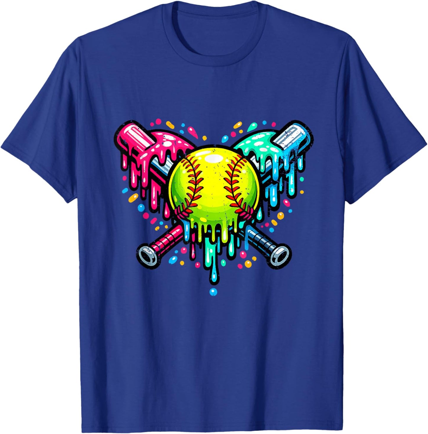 Neon Drip Softball Crossed Bats Graphic T-Shirt - T-Shirt | Royal