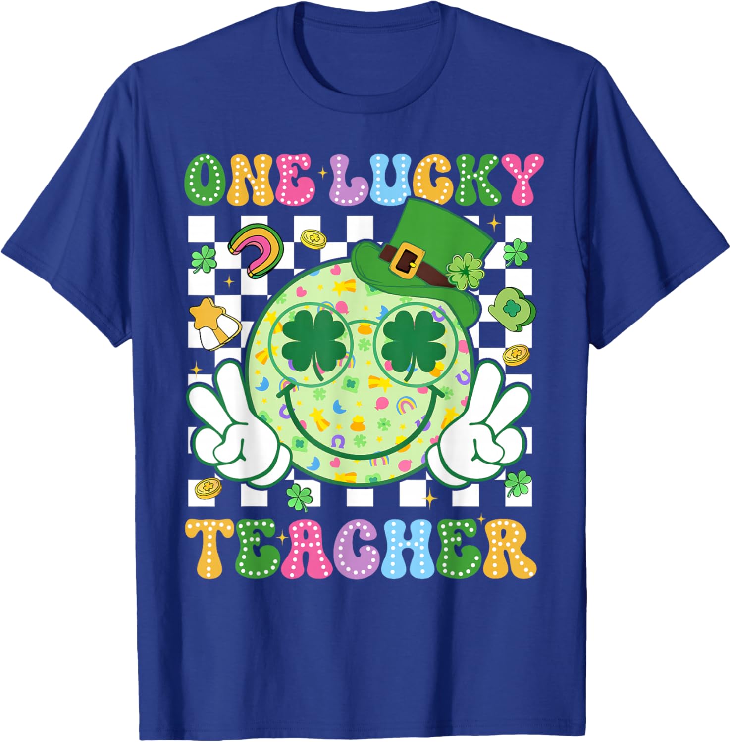 St Patricks Day One Lucky Teacher Retro Smile Face Shamrock T-Shirt - T-Shirt | Royal