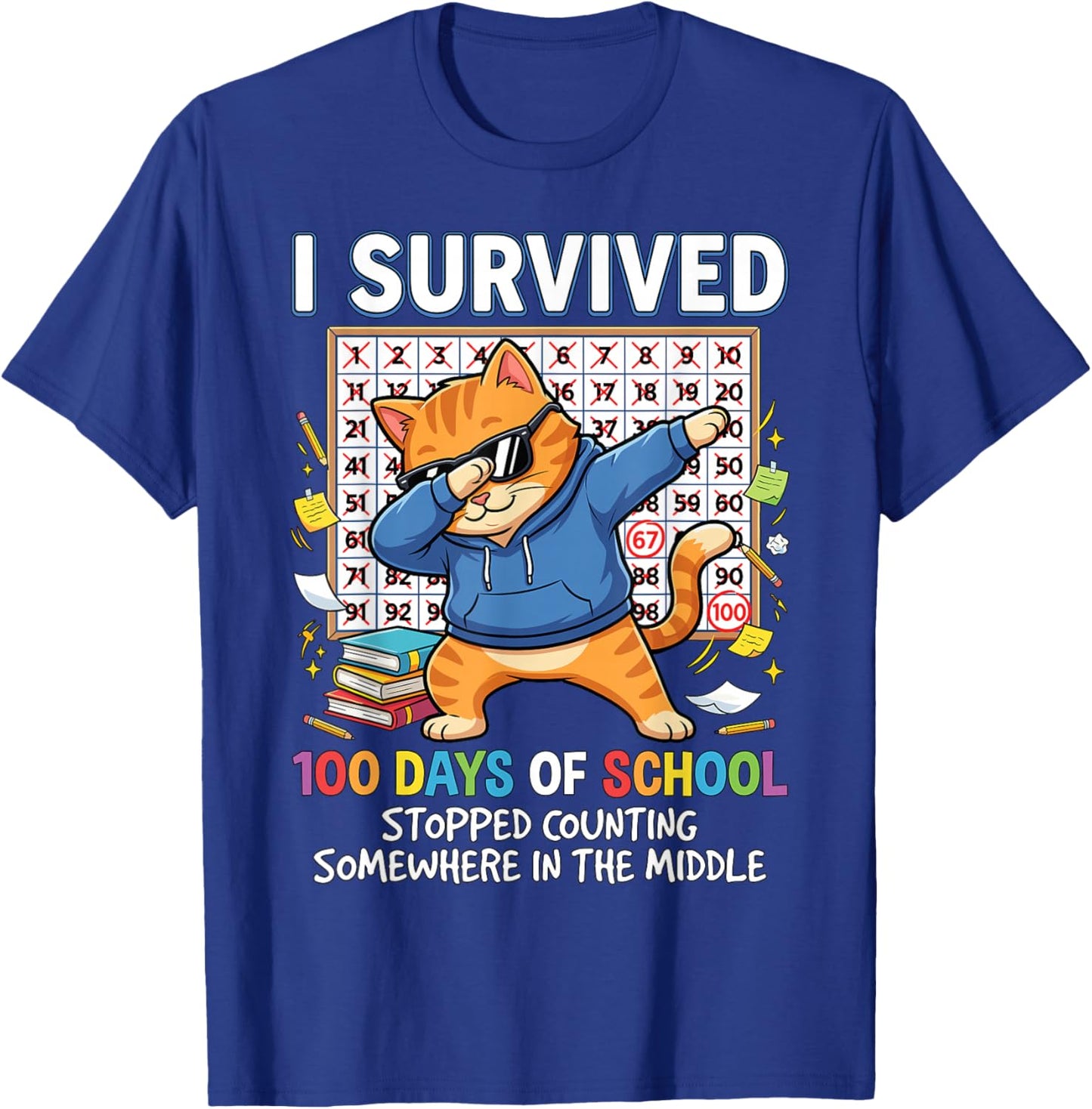 I Survived 100 Days of School Funny Dabbing Cat Student Cool T-Shirt - T-Shirt | Royal