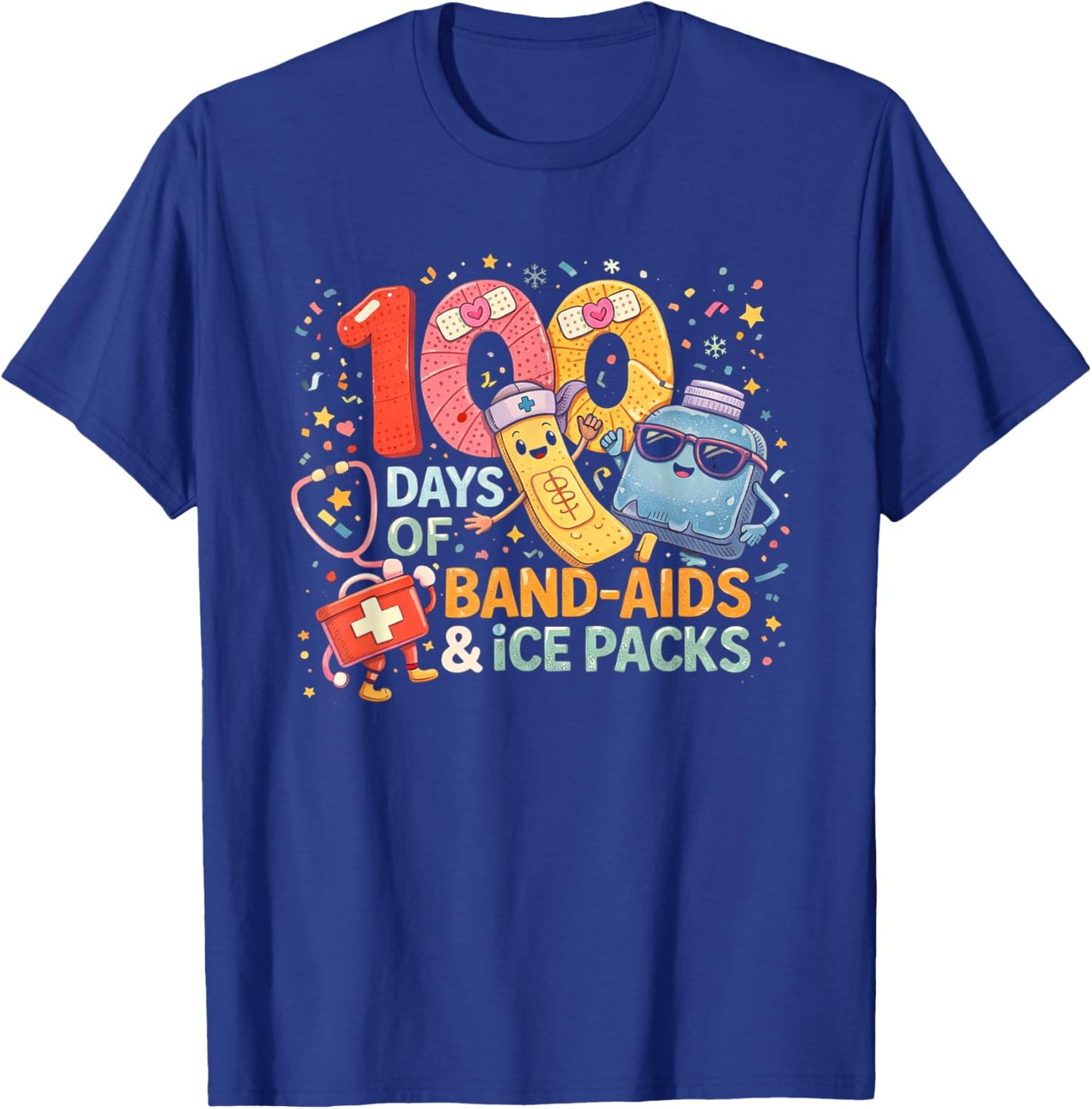 School Nurse 100 Days Band Aids Ice Packs 100 Days of School T-Shirt - T-Shirt | Royal