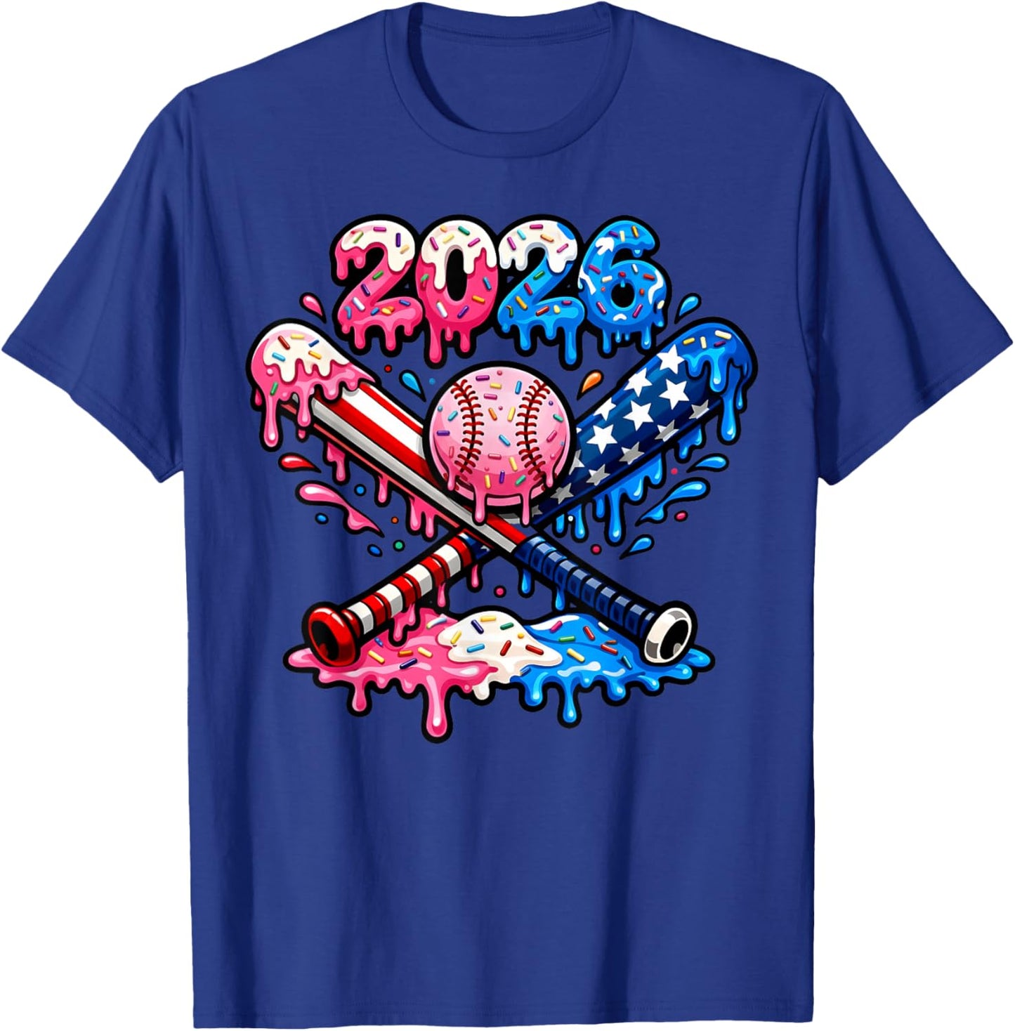 Funny 2026 American Flag Baseball Ice Cream Drip Bats Boys T-Shirt - T-Shirt | Royal