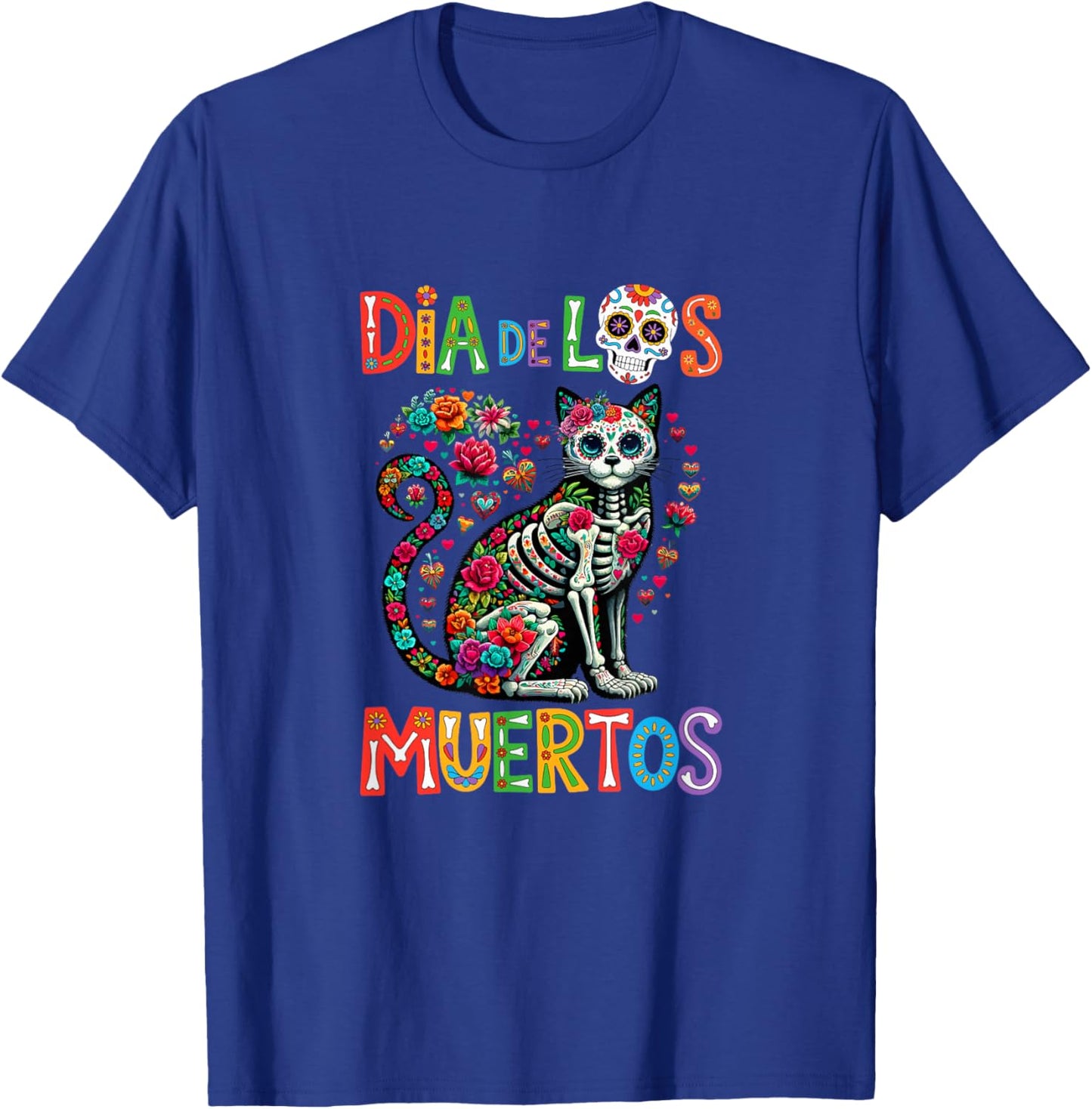 Dia De Los Muertos Mexican Colorful Floral Skeleton Cat T-Shirt - T-Shirt | Royal