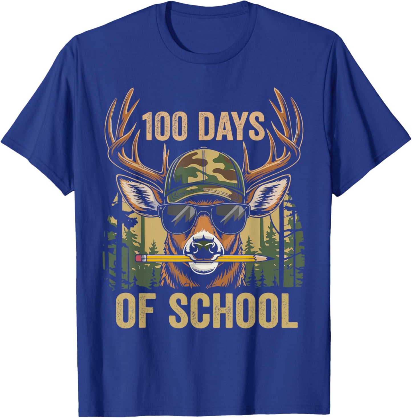 Funny Bucked 100 Day of School Camo Deer Outdoor Student Boy T-Shirt - T-Shirt | Royal