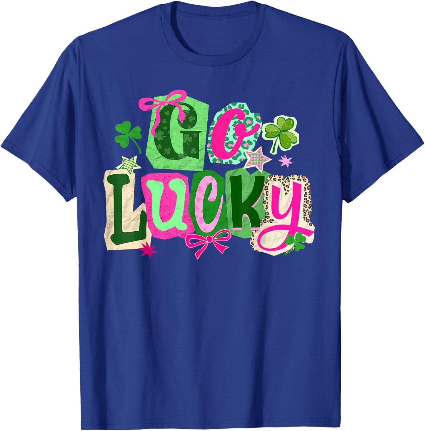 Preppy Happy Go Lucky Coquette Bow Shamrock St Patricks Day T-Shirt - T-Shirt | Royal