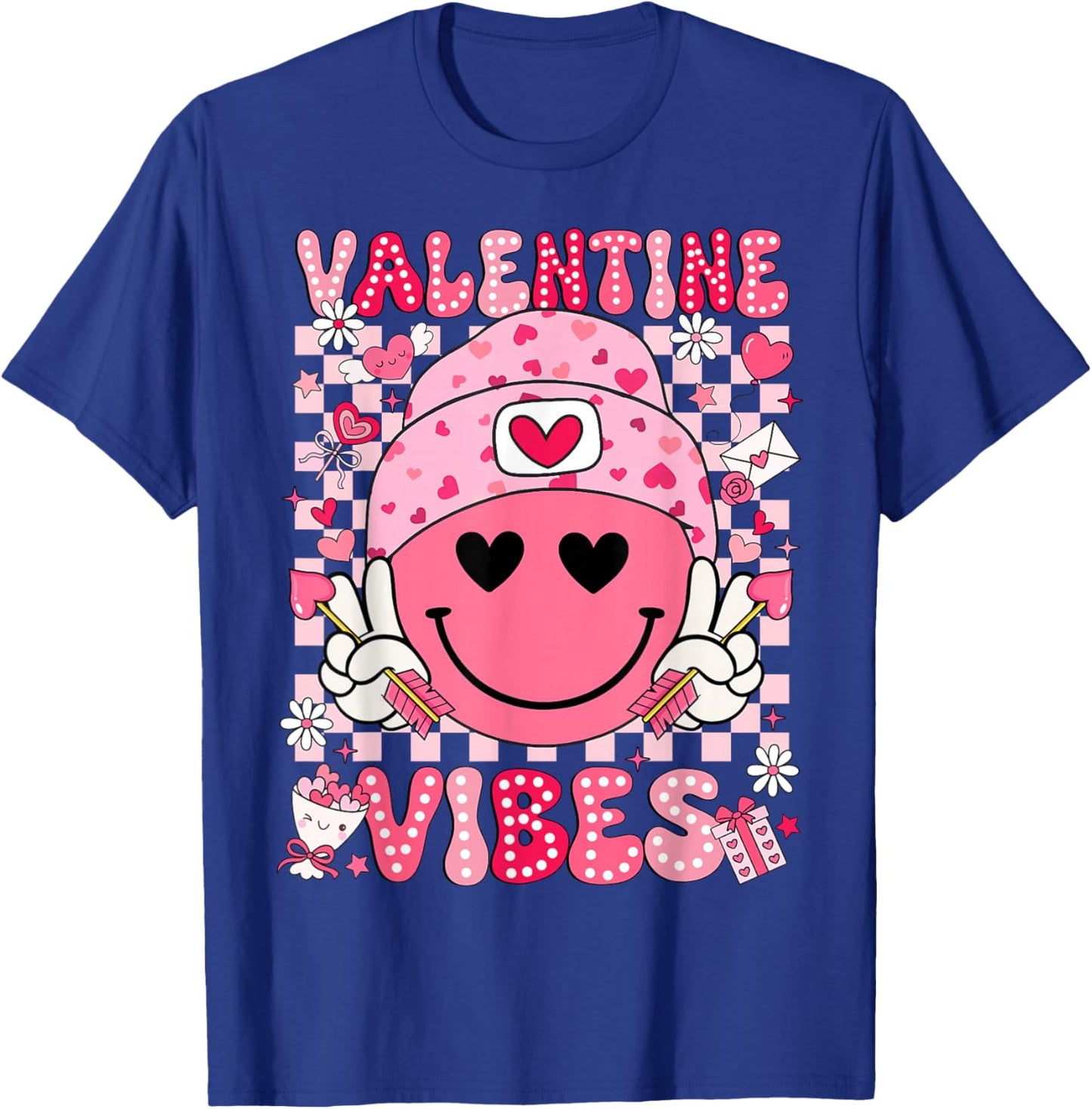 Valentine Vibes Groovy Smile Face Valentines Day Men Women T-Shirt - T-Shirt | Royal