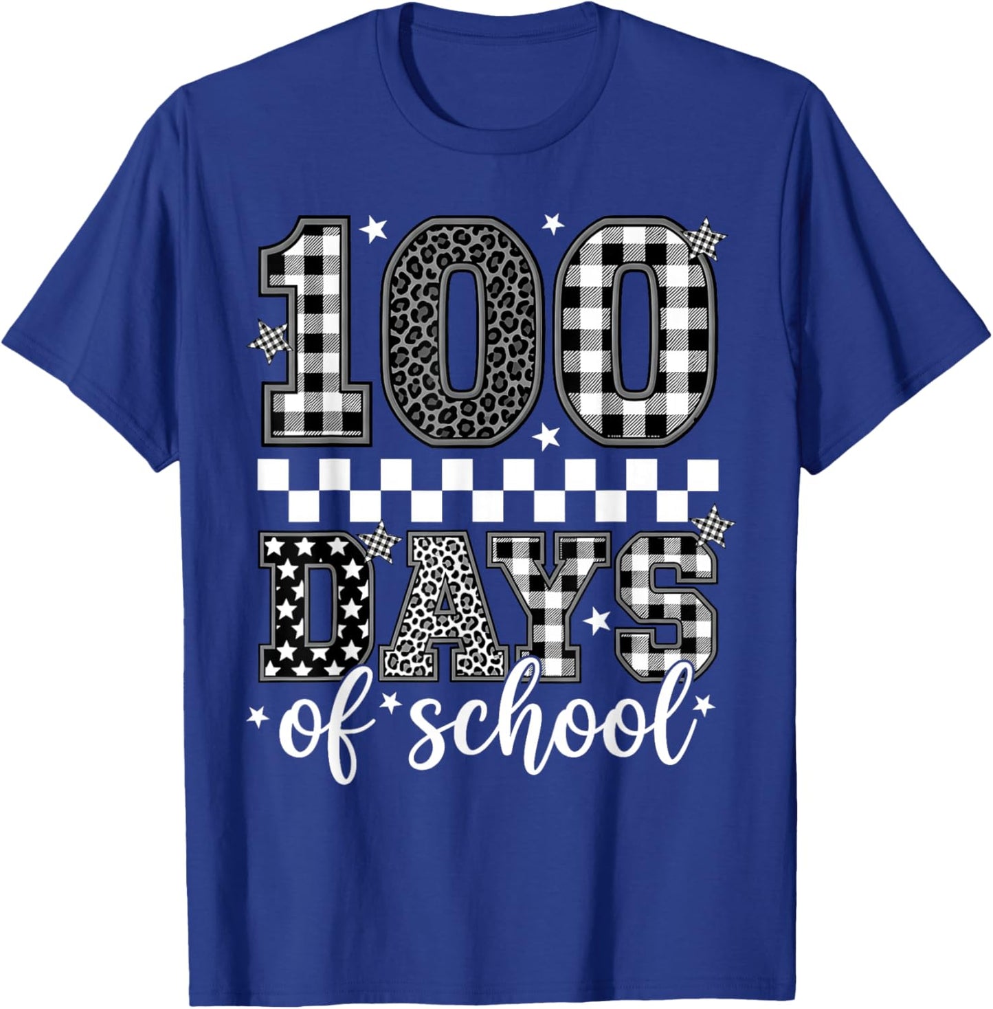 Black White Checkered Leopard 100 Days of School Teacher Kid T-Shirt - T-Shirt | Royal