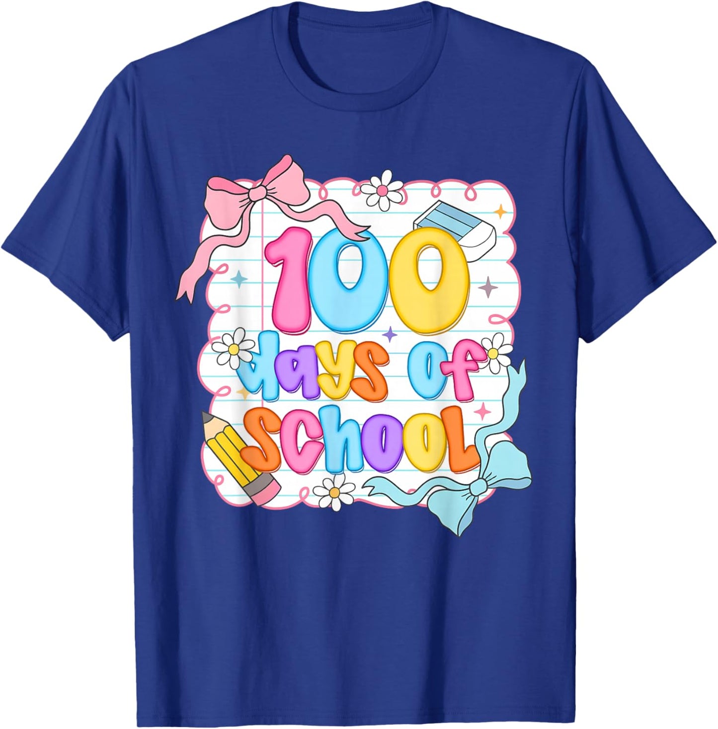 Preppy 100th Day of School 100 Days Teacher Kid Coquette Bow T-Shirt - T-Shirt | Royal