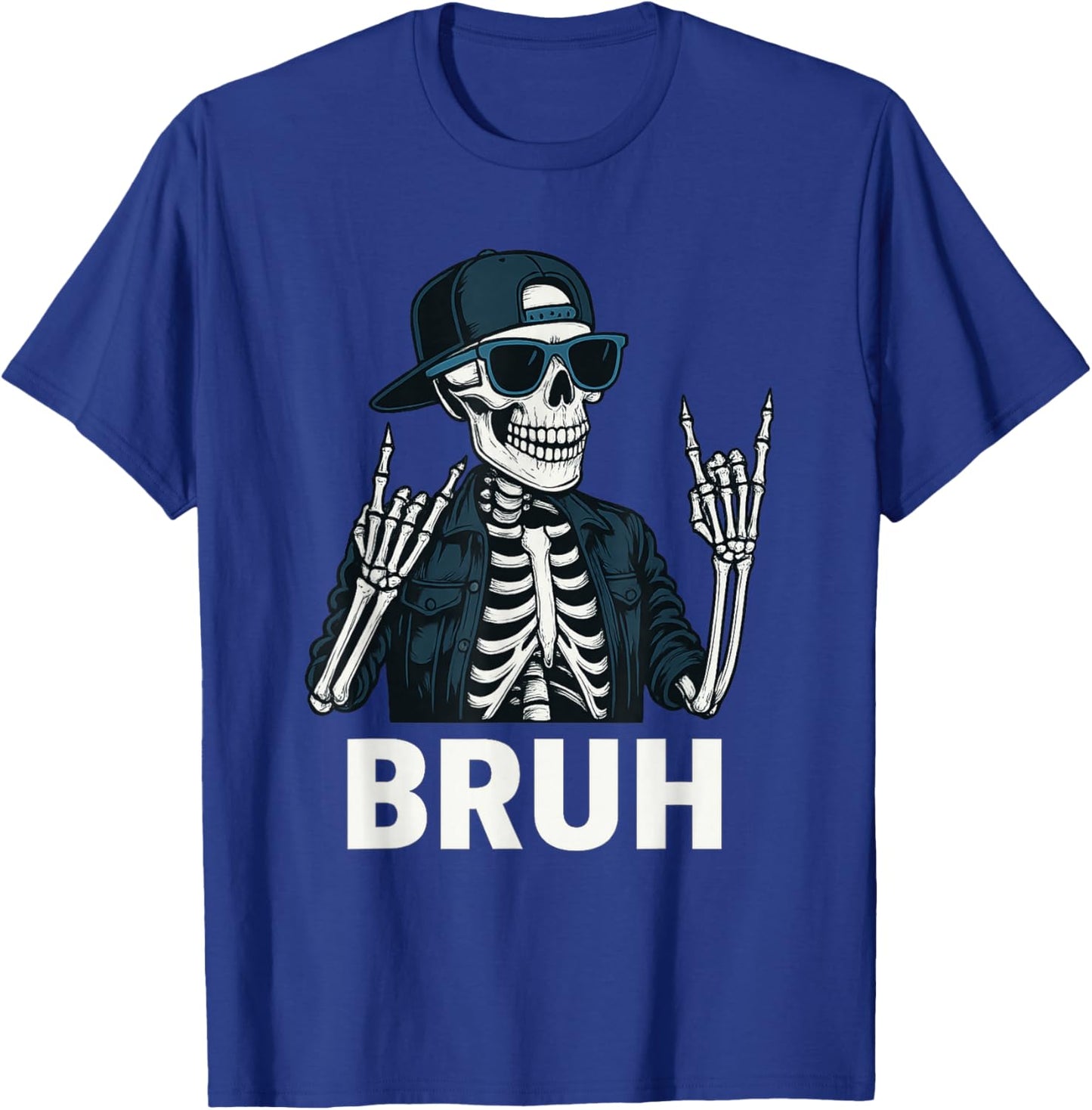 Cool Bruh Skeleton Rock On Halloween Men Teens Boys Kids T-Shirt - T-Shirt | Royal