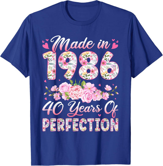 40 Year Old Made in 1986 Birthday Floral 40th Birthday Women T-Shirt - T-Shirt | Royal