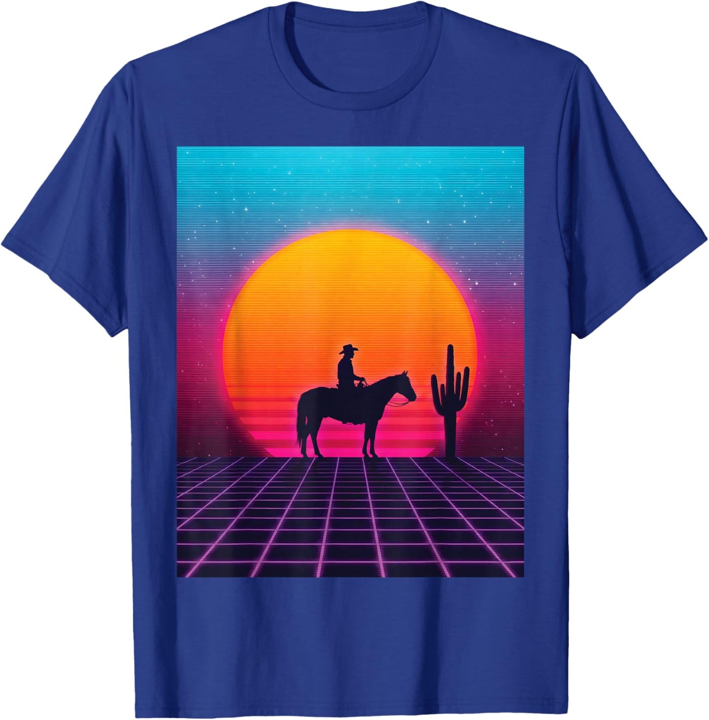 Synthwave Cowboy Retrowave 80s Western Horse Desert Sunset T-Shirt - T-Shirt | Royal
