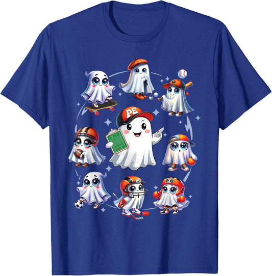 Halloween PE Teacher Ghost Playing Sports Physical Education T-Shirt - T-Shirt | Royal