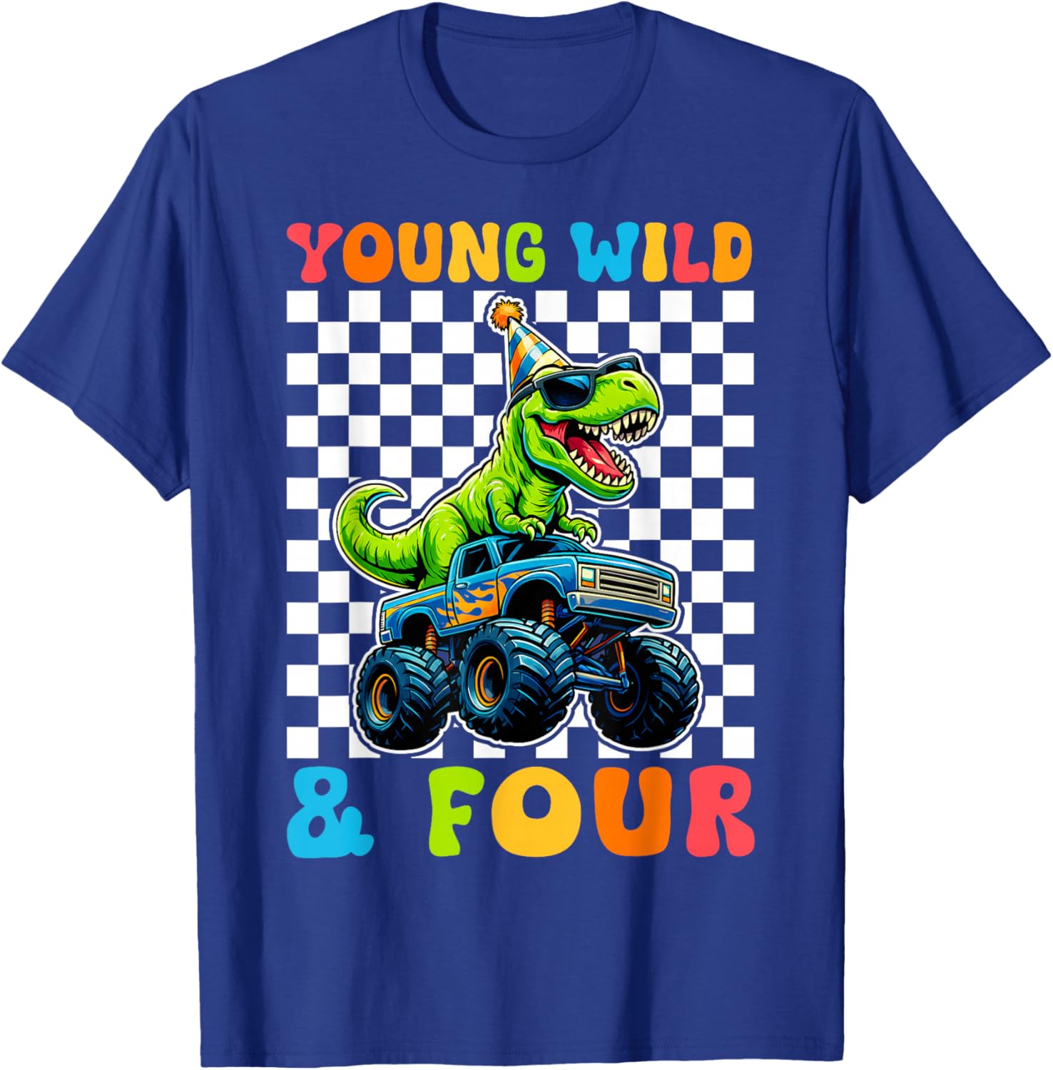 Young Wild & Four T-Rex Dino Monster Truck 4th Birthday T-Shirt - T-Shirt | Royal