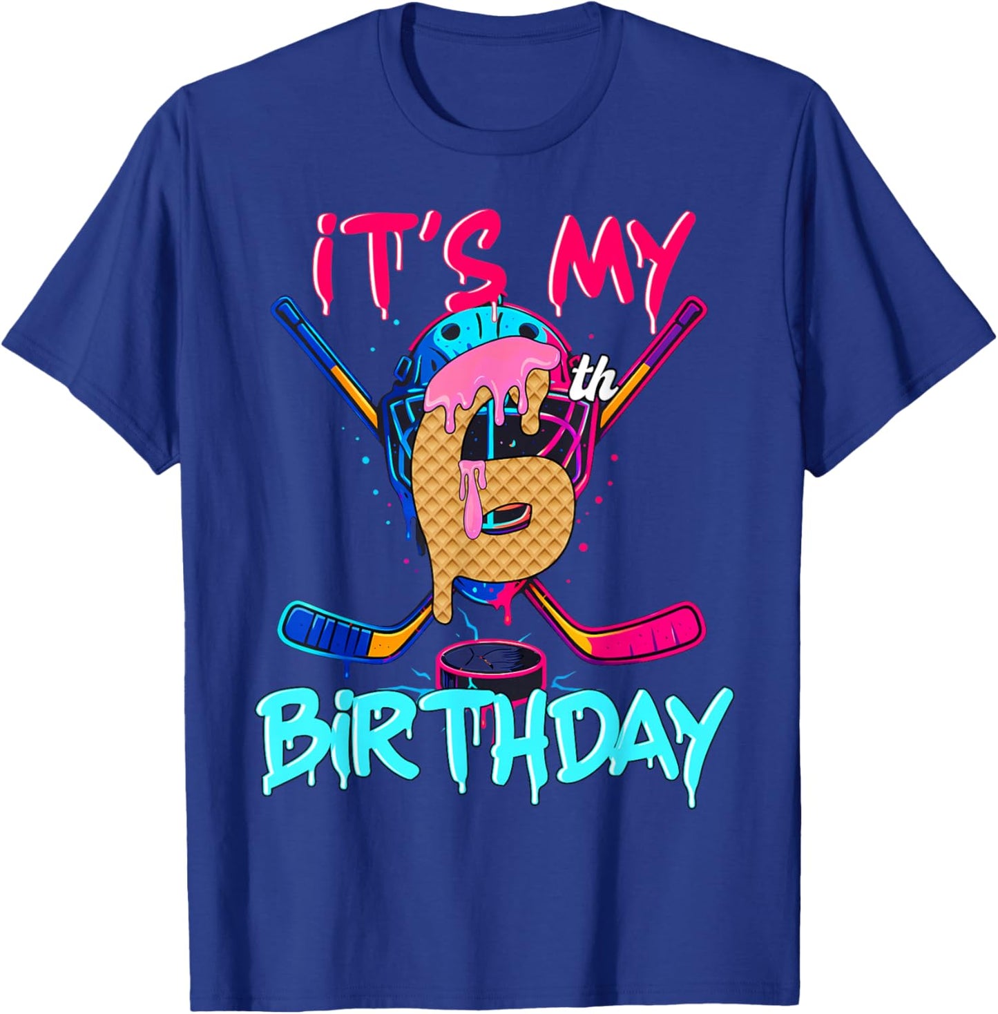 Hockey Ice Cream Drip It's My 6th Birthday Number 06 Player T-Shirt - T-Shirt | Royal