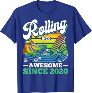 Rolling Into 6 Roller Skating Birthday Party 6th Birthday T-Shirt - T-Shirt | Royal