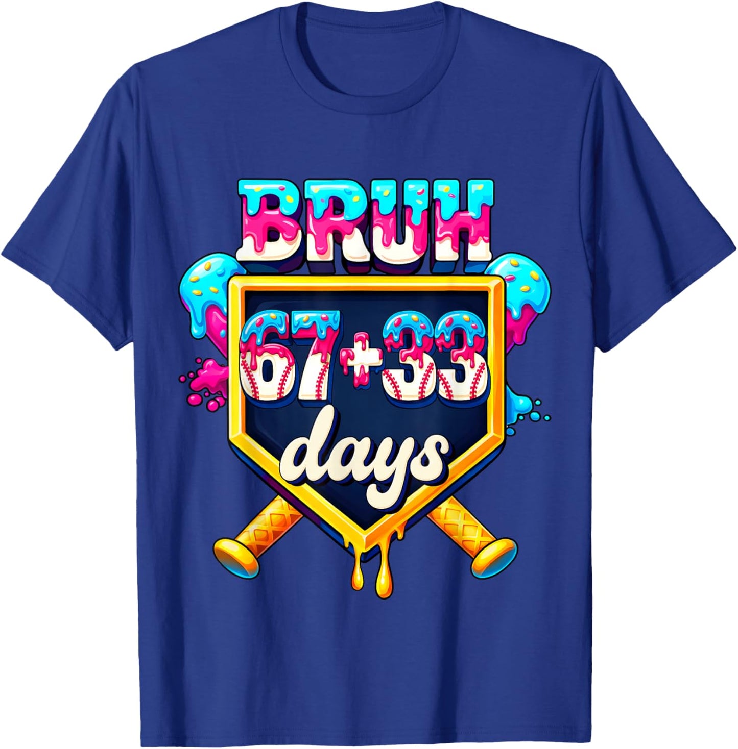 Happy 67+33 Days of School Baseball Drip 100th Day of School T-Shirt - T-Shirt | Royal