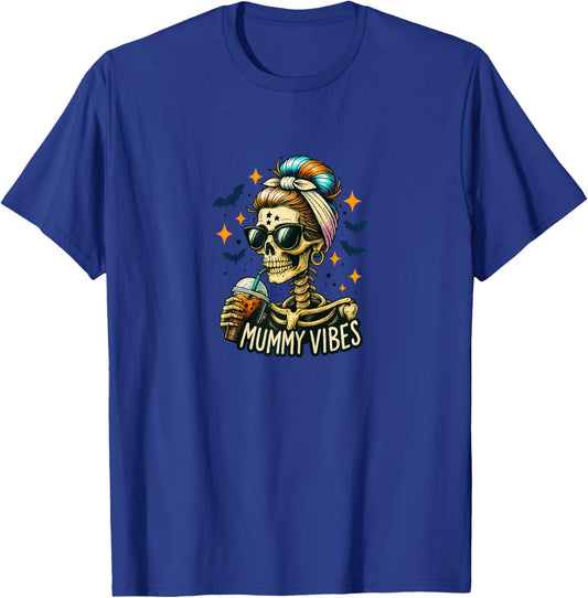 Spooky Mummy Skeleton Coffee Vibes Halloween Mom Product T-Shirt - T-Shirt | Royal