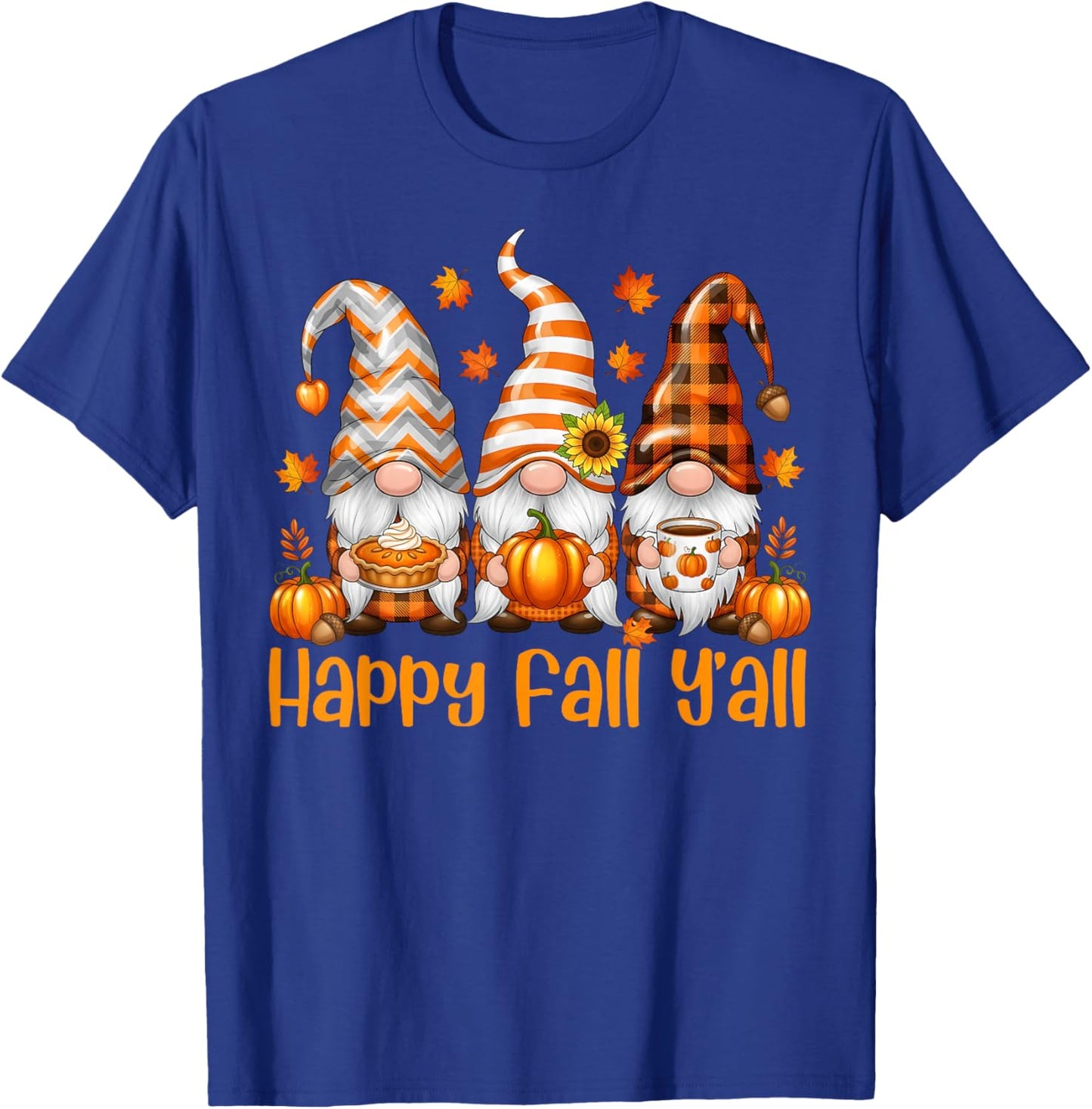 Happy Fall Y'all Gnome Pumpkin Thanksgiving Men Women Autumn T-Shirt - T-Shirt | Royal