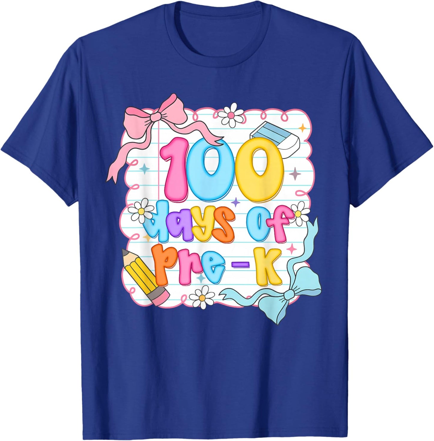 Preppy 100 Days of Pre-K Teacher Kids Coquette Bow T-Shirt - T-Shirt | Royal
