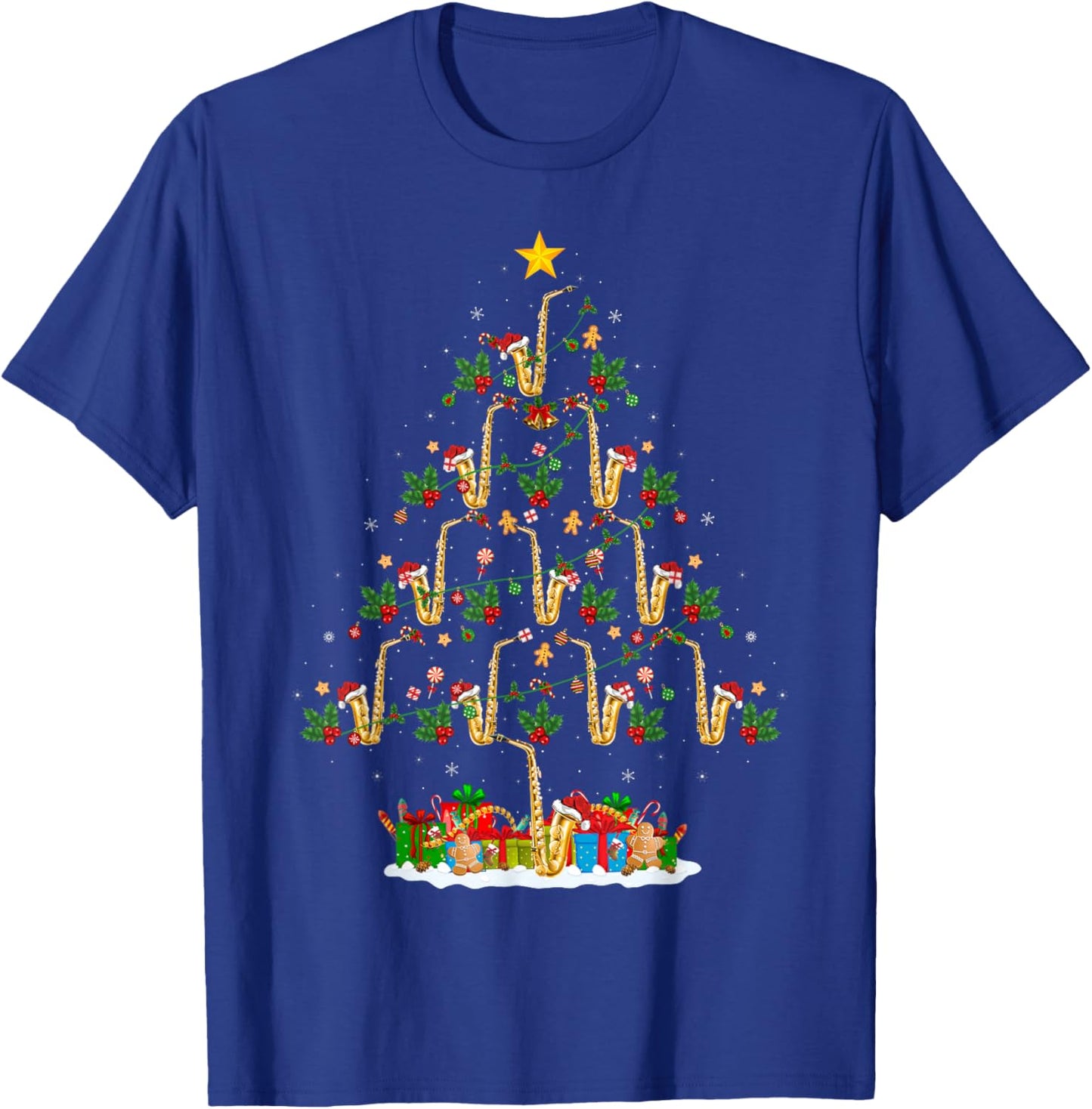 Saxophone Christmas Tree Lights Funny Jazz Music Lover Xmas T-Shirt - T-Shirt | Royal