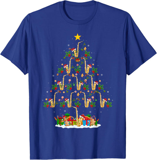 Saxophone Christmas Tree Lights Funny Jazz Music Lover Xmas T-Shirt - T-Shirt | Royal