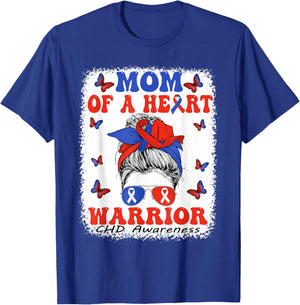 Mom of a Heart Warrior Heart Disease Awareness CHD Messy Bun T-Shirt - T-Shirt | Royal