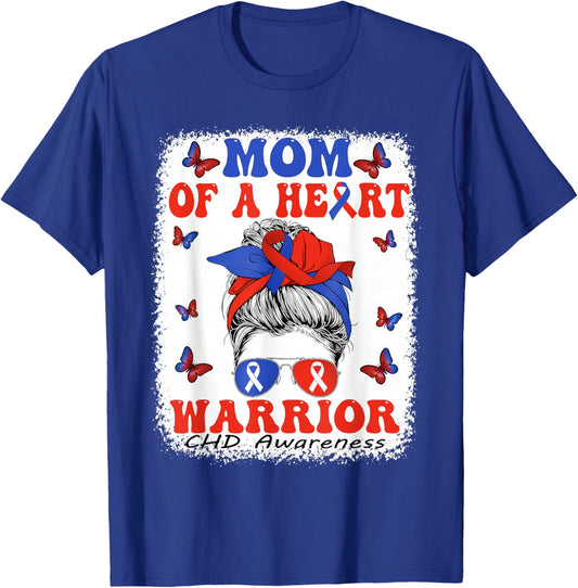 Mom of a Heart Warrior Heart Disease Awareness CHD Messy Bun T-Shirt - T-Shirt | Royal