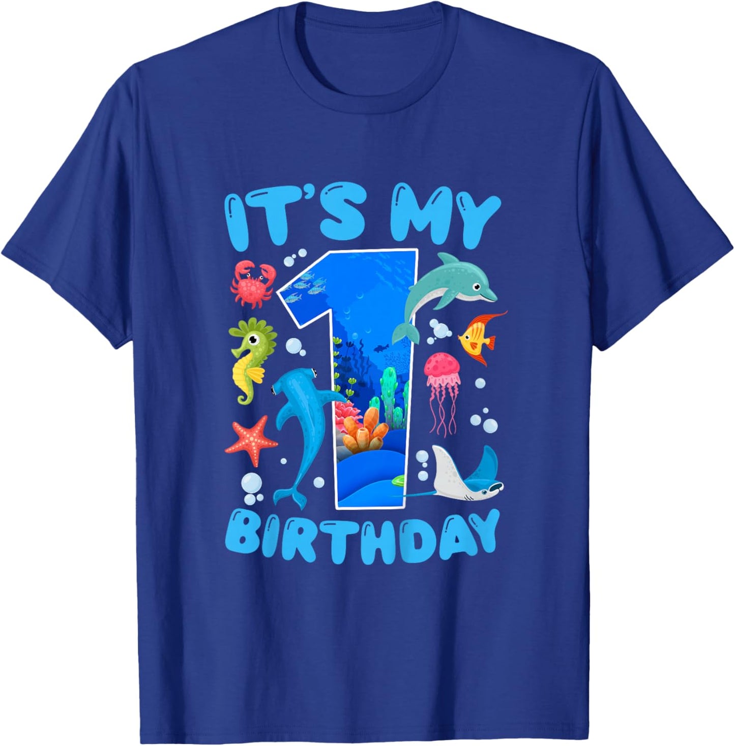 1st Ocean Birthday Party 1 Year Old Sea Animals T-Shirt - T-Shirt | Royal