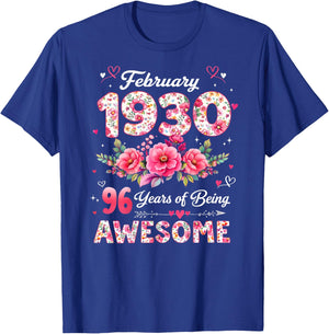 (ON Back) 96 Year Old February 1930 Floral 96th Birthday T-Shirt - T-Shirt | Royal