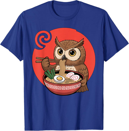 Kawaii Owl Ramen Owl Eating Noodles Japanese T-Shirt - T-Shirt | Royal