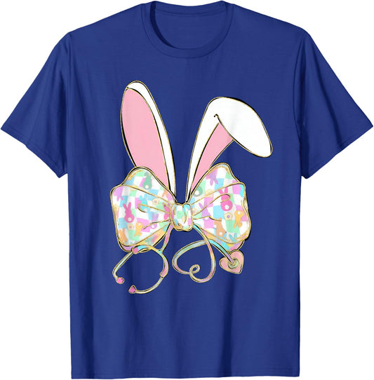 Nurse Stethoscope Coquette Bow Funny Bunny Eggs Happy Easter T-Shirt - T-Shirt | Royal