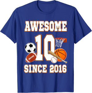 Awesome Since 2016 Sports Ball Theme 10 Year Old T-Shirt - T-Shirt | Royal