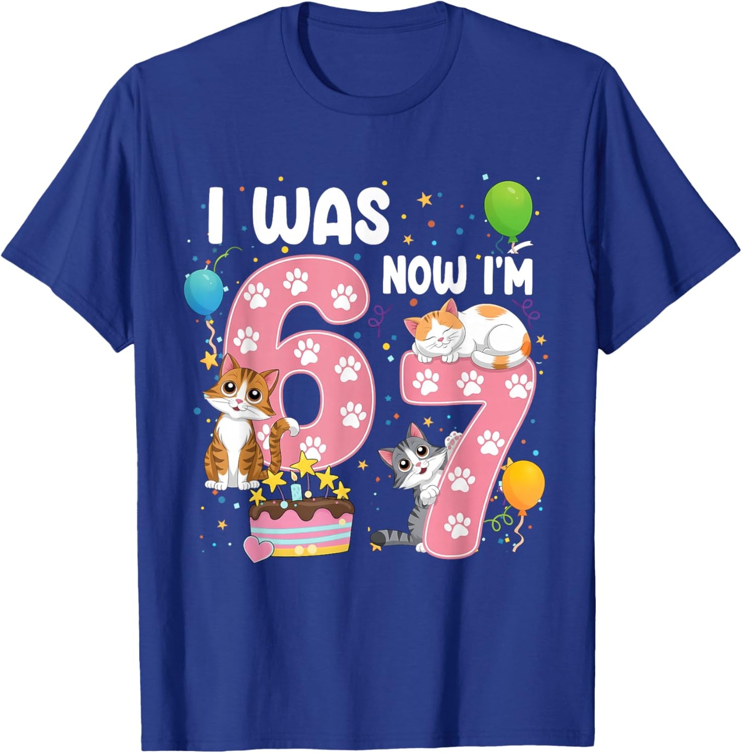 I was 6 Now I'm 7 Kids 7th Cat Birthday Girl Cute Cat Kitten T-Shirt - T-Shirt | Royal