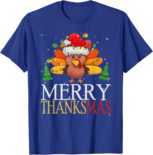Merry Thanksmas Happy Thanksgiving Santa Turkey Snow Gifts T-Shirt - T-Shirt | Royal