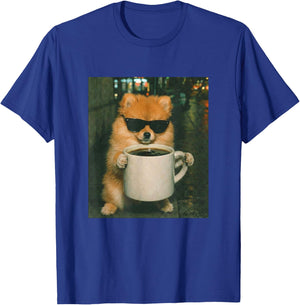 Funny Pomeranian Drinking Coffee Meme Retro Urban Gen Z T-Shirt - T-Shirt | Royal