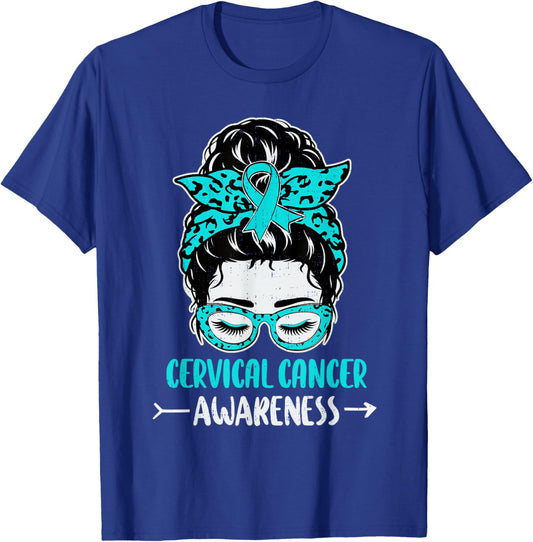 Cervical Cancer Awareness Messy Bun Ribbon Teal T-Shirt - T-Shirt | Royal