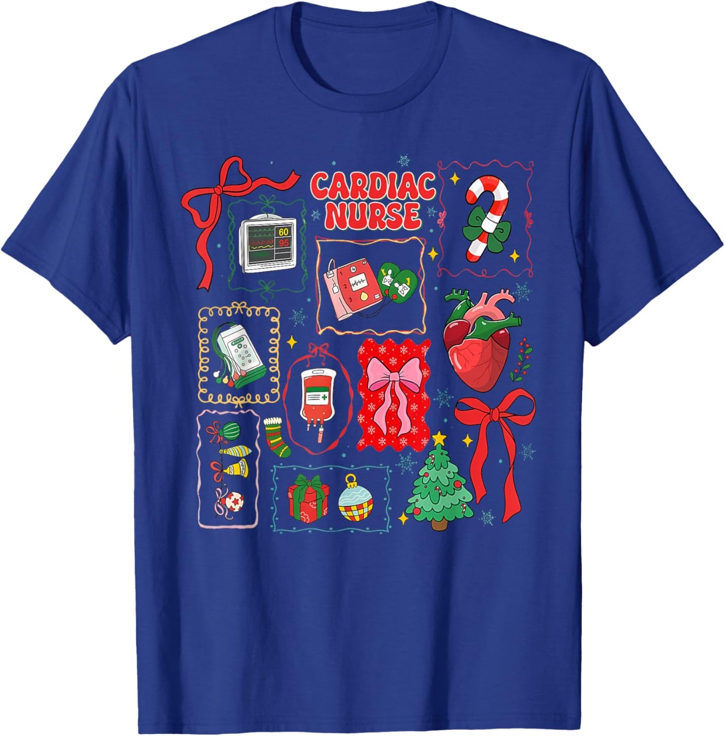 Stamp Bow Christmas Cardiac Nurse Heart Anatomy CVICU Crew T-Shirt - T-Shirt | Royal