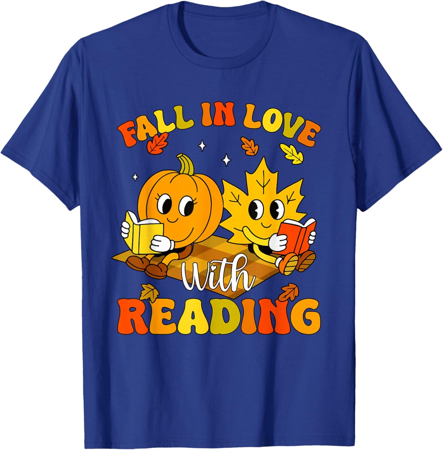 Retro Fall in Love with Reading Autumn Leaf Pumpkin Teacher T-Shirt - T-Shirt | Royal