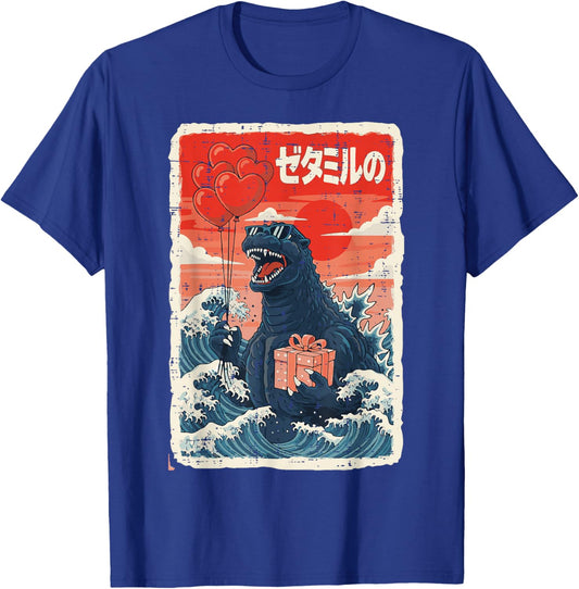 Valentines Day Sea Monster Japanese Wave Men Women Kids T-Shirt - T-Shirt | Royal