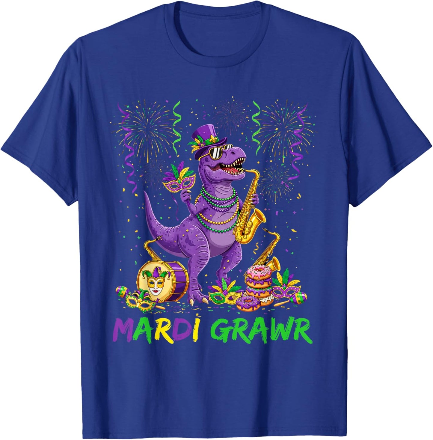 Mardi Grawr T Rex Dinosaur Funny Mardi Gras Men Boy Kid T-Shirt - T-Shirt | Royal