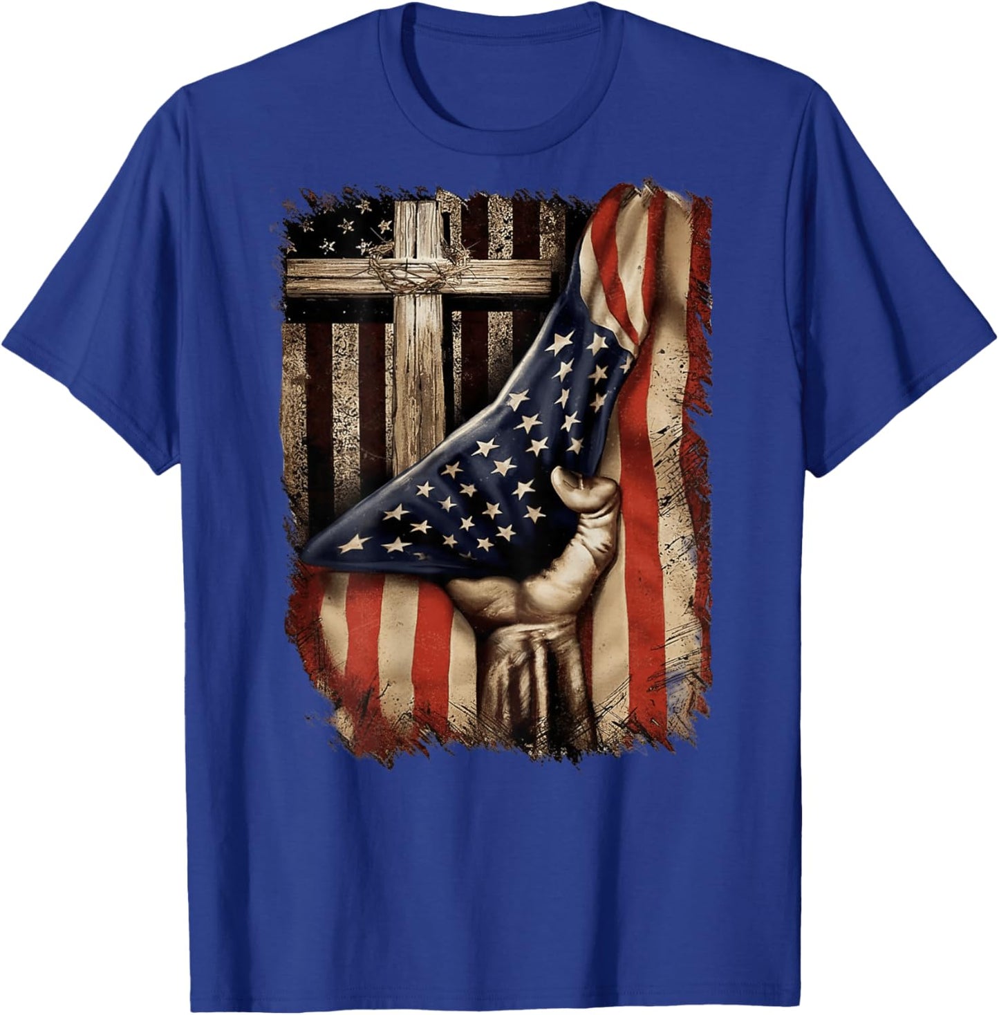 American USA Flag Christian Cross Patriotic (On Back) T-Shirt - T-Shirt | Royal